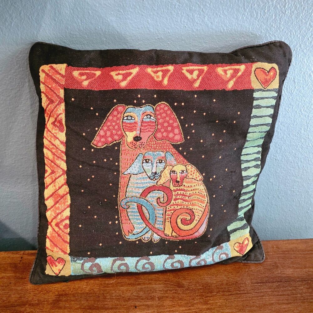 Vintage Laurel Burch Tapestry Graphic Design Throw Pillow Three Embroidered Dogs